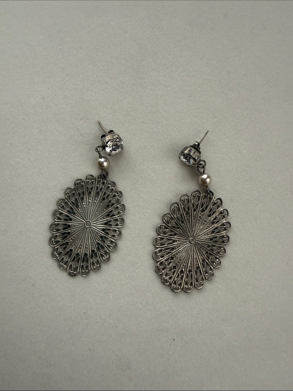 Sabika Silver Filigree Drop Earrings with Crystal and Pearl